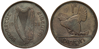 Ирландия 1 пенни 1928 курица с цыплятами KM 3 бронза 38-533