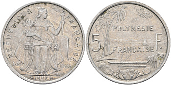 Французская Полинезия 5 франков 1997 KM 12 алюминий 4131-936