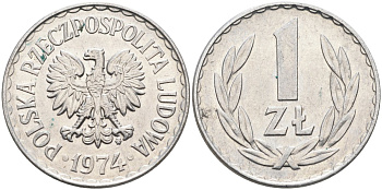 Польша 1 злотый 1974 MW, Народная Республика KM 49.1, Parchimowicz 213k алюминий 3856-815