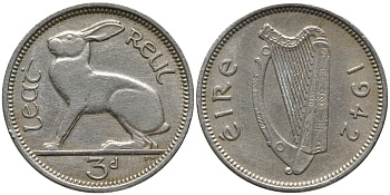 Ирландия 3 пенса 1942 заяц KM 12а медно-никель 4387-1029