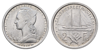 Сен-Пьер и Микелон 2 франка 1948 год-тип KM 2 алюминий UNC 650-1944