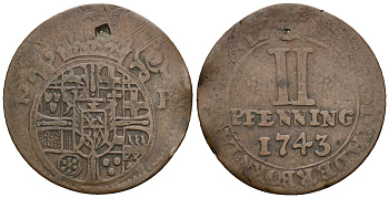 Падерборн 2 пфеннига 1743 Weingertner 669 a/b медь 220-754