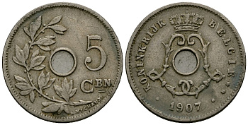 Бельгия 5 сантимов 1907 Belgie KM 55 медно-никель 4173-157