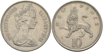 Великобритания 10 пенсов 1969 Елизавета II (1952-2022) KM 912, Spink 4231 (F1) медно-никель 81-1221