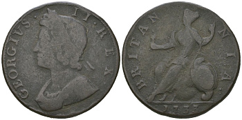 Великобритания 1/2 пенни 1733 Георг II (1727-1760) KM 566, Spink 3717 медь 4590-633