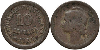 ПОРТУГАЛИЯ 10 СЕНТАВО 1925 РЕСПУБЛИКА, ГОЛОВА СВОБОДЫ ВЛЕВО КМ 573 бронза 202-324