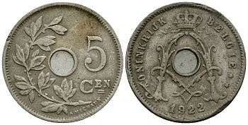 Бельгия 5 сантимов 1922 Belgie KM 67 медно-никель 4173-253