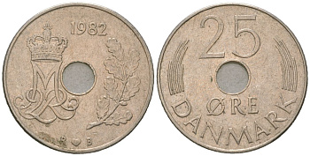 Дания 25 эре 1982 R; B, Маргрете II (1972-2024) KM 861 медно-никель 4618-511
