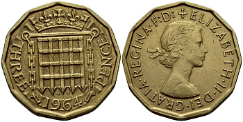 Великобритания 3 пенса 1964 Елизавета II (1952-2022) KM 900, Spink 4153 никель латунь 51-446