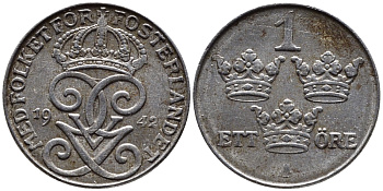 Швеция 1 эре 1942 Густав V (1907-1950) KM 810 железо 46-469