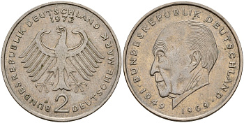 ФРГ 2 марки 1972 J, Конрад Аденауэр J 406, KM 124 медно-никель плакированный никелем 4159-1222