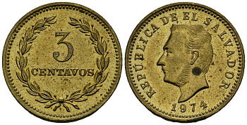 Сальвадор 3 сентаво 1974 год тип, Франсиско Морасан KM 148 никель латунь 4173-1015