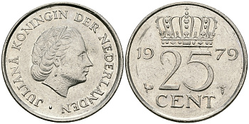 Нидерланды 25 центов 1979 Юлиана (1949-1980) KM 183 никель 96-253