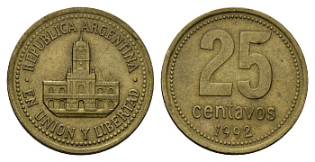 Аргентина 25 сентаво 1992 ратуша Буэнос-Айреса KM 110.1 алюминиевая бронза 4573-324
