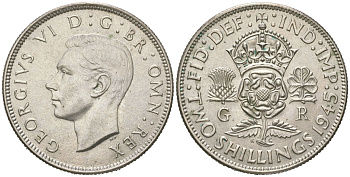 Великобритания 2 шиллинга (флорин) 1945 Георг VI (1936-1952) KM 855, Spink 4081 серебро aUNC 4619-851