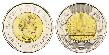 Канада 2 доллара 2017 100 лет битве при Вими KM 2325 биметалл UNC 106-1025