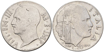 ИТАЛИЯ 20 ЧЕНТЕЗИМО 1941 R, ГОД XIX, ВИКТОР ЭММАНУИЛ III (1900-1946) KM 75b, VEM3. 1028 нержавеющая сталь 3853-724