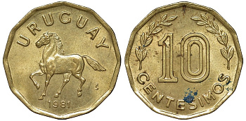 Уругвай 10 сентесимо 1981 KM 66 алюминиевая бронза 4169-534