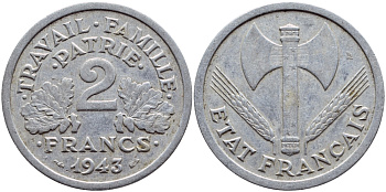 Франция 2 франка 1943 правительство Виши KM 904.1 алюминий 4397-725