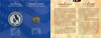 Австралия 1 доллар 1999 (серебро) с памятной маркировкой и США 25 центов 1999 штат Коннектикут в красочном буклете 4-5-1-2