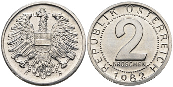 Австрия 2 гроша 1982 из ролла KM 2876 алюминий UNC M34-16