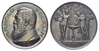 Швейцария медаль "Арнольд Бёклин" 1897 Арнольд Бёклин - швейцарский художник, 70 лет со дня рождения, отчеканена компанией Hugenen fr?res по рисунку Ганс Зандрёйтер в 1897, поэзия и живопись стоят перед лавровыми деревьями у фонтана, в красочной коробке, 