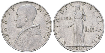 Ватикан 10 лир 1956 Пий XII (1939-1958) KM 52 алюминий aUNC 4591-855