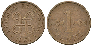 Финляндия 1 пенни 1963 первый год KM 44 медь 99-941