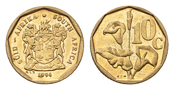 ЮАР 10 центов 1994 герб, цветок алоэ KM 135 сталь плакированная бронзой UNC 4694-669
