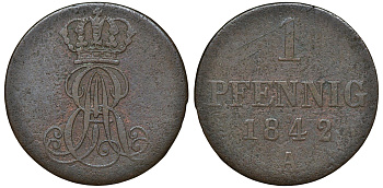 Ганновер 1 пфенниг 1842 A, Эрнст Август (1837-1851) KM 173.1, AKS 126, J. 54 медь 72-1661