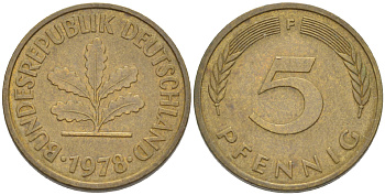 ФРГ 5 ПФЕННИГОВ 1978 F KM 107, J. 382 сталь плакированная латунью 4181-959