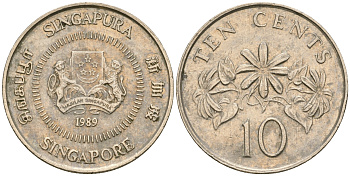 Сингапур 10 центов 1989 KM 51 медно-никель 4364-2513