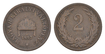 Венгрия 2 филлера 1897 KB, Франц Иосиф (1848-1916) KM 481 бронза 4658-324