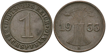 Германия 1 рейхспфенниг 1933 A KM 37, J. 313 бронза 4189-1211