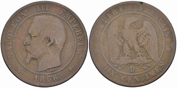 Франция 10 сантимов 1856 D, Наполеон III (1852-1870) KM 771.4, Le Franc 133.35 бронза    4680-622