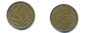 ПОРТУГАЛИЯ 50 СЕНТАВО 1977 KM 596 бронза 80-413