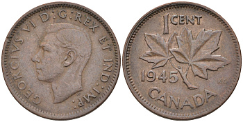 Канада 1 цент 1945 Георг VI (1937-1952), кленовый лист KM 32 бронза    4115-742
