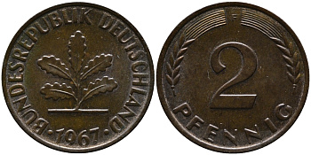 ФРГ 2 пфеннига 1967 F KM 106, J.381 бронза 99-152