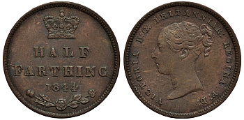 Великобритания 1/2 фартинга 1844 Виктория (1837-1901) KM 738, Spink 3951 медь 1523-811