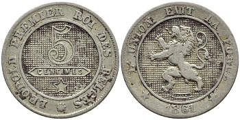 БЕЛЬГИЯ 5 САНТИМОВ 1861 BELGES KM 21 медно-никель 26-549