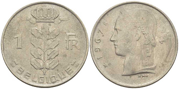 БЕЛЬГИЯ 1 ФРАНК 1967 BELGIQUE, БОДУЭН I (1951-1993) KM 142.1 медно-никель 119-457