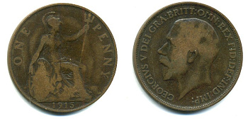 Великобритания 1 пенни 1915 Георг V (1910-1936) KM 810, Spink 4051 бронза 56-232