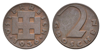 Австрия 2 гроша 1936 KM 2837 бронза 4564-537