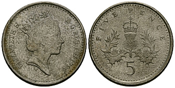 Великобритания 5 пенсов 1996 Елизавета II (1952-2022) KM 937b, Spink 4372 (D4) медно-никель 4173-1246