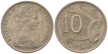 Австралия 10 центов 1973 Елизавета II (1952-2022), птица лирахвост KM 65 медно-никель 92-121