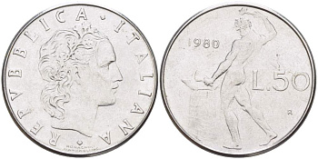 ИТАЛИЯ 50 ЛИР 1980 R, КУЗНЕЦ, ВУЛКАН БОГ ОГНЯ, ДИАМЕТР 25 ММ. KM 95.1 нержавеющая сталь 108-1051
