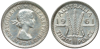 Австралия 3 пенса 1961 m, Елизавета II (1952-2022) KM 57 серебро 71-663