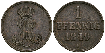Ганновер 1 пфенниг 1849 B, Эрнст Август (1837-1851) KM 201.1, AKS 129, J. 74 медь 4608-1037
