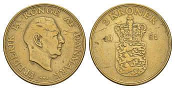 Дания 2 кроны 1951 N, Фредерик IX (1947-1972) KM 838 алюминиевая бронза 4653-1141