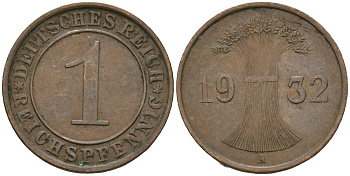 Германия 1 рейхспфенниг 1932 A KM 37, J. 313 бронза 4189-1146